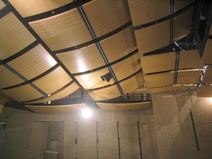 Cận cảnh Tán âm trần nhà hát với gỗ tán âm
